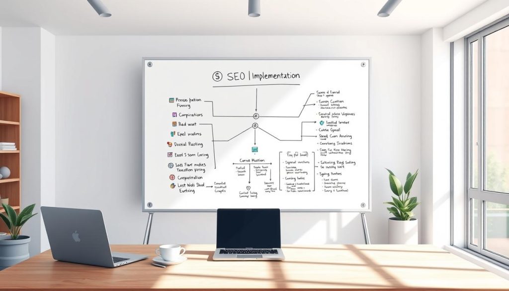A clean, minimalist office space with a large whiteboard at the center, showcasing a detailed SEO implementation plan. The plan is represented by a meticulously drawn diagram, with color-coded sections, flow charts, and concise notes. Soft, natural lighting filters in through large windows, creating a serene and productive atmosphere. A laptop, cup of coffee, and a few office supplies are neatly arranged on a wooden desk, hinting at the ongoing work. The overall scene conveys a sense of organization, focus, and a well-thought-out approach to search engine optimization. A clean, minimalist office space with a large whiteboard at the center, showcasing a detailed SEO implementation plan. The plan is represented by a meticulously drawn diagram, with color-coded sections, flow charts, and concise notes. Soft, natural lighting filters in through large windows, creating a serene and productive atmosphere. A laptop, cup of coffee, and a few office supplies are neatly arranged on a wooden desk, hinting at the ongoing work. The overall scene conveys a sense of organization, focus, and a well-thought-out approach to search engine optimization.