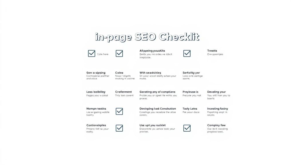 A clean, minimalist on-page SEO checklist laid out on a light gray background. The checklist items are presented in a neat grid layout, each with a simple icon and a concise, informative title. The overall design is professional and practical, conveying a sense of efficiency and organization. The lighting is soft and diffused, creating a clear, well-defined visual hierarchy. The camera angle is slightly elevated, giving the viewer a birds-eye perspective on the checklist. The mood is focused and task-oriented, inviting the viewer to engage with the content.