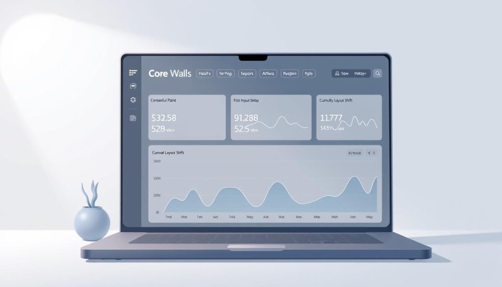 A clean, minimalist rendering of the Core Web Vitals metrics, displayed on a sleek, responsive dashboard interface. The foreground shows the key performance indicators - Largest Contentful Paint, First Input Delay, and Cumulative Layout Shift - presented in a clear, data-driven layout. The middle ground features abstract shapes and line elements that subtly allude to the technical nature of web performance optimization. The background is a soft, neutral gradient that provides a calming, professional atmosphere. Lighting is even and slightly directional, creating depth and emphasizing the key information. The overall mood is one of clarity, efficiency, and technical expertise. A clean, minimalist rendering of the Core Web Vitals metrics, displayed on a sleek, responsive dashboard interface. The foreground shows the key performance indicators - Largest Contentful Paint, First Input Delay, and Cumulative Layout Shift - presented in a clear, data-driven layout. The middle ground features abstract shapes and line elements that subtly allude to the technical nature of web performance optimization. The background is a soft, neutral gradient that provides a calming, professional atmosphere. Lighting is even and slightly directional, creating depth and emphasizing the key information. The overall mood is one of clarity, efficiency, and technical expertise.