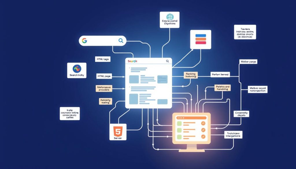 A complex, interconnected diagram showcasing the key elements of technical SEO. In the foreground, a stylized search engine interface with crawlers, indexing, and ranking algorithms. In the middle ground, a web page structure with HTML tags, metadata, and performance optimizations. In the background, a server infrastructure with protocols, redirects, and sitemap integrations. The scene is illuminated by a soft, warm glow, conveying the technical depth and importance of these on-page SEO factors. The overall aesthetic is clean, modern, and visually striking, reflecting the precision and complexity of the topic.