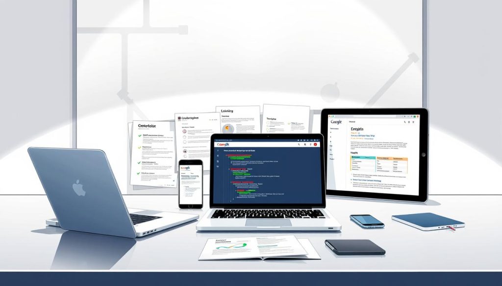 A detailed comparative analysis of leading on-page SEO tools laid out on a modern, minimalist workspace. In the foreground, a variety of digital devices - laptop, tablet, smartphone - displaying the user interfaces of top-rated on-page optimization platforms. Sleek, metallic surfaces reflect the soft, directional lighting from above, casting subtle shadows. In the middle ground, neatly organized notes, checklists, and reports provide context. The background features a clean, white wall with abstract, geometric patterns, creating a sense of depth and sophistication. The overall scene conveys a professional, data-driven approach to improving website visibility and search engine rankings.