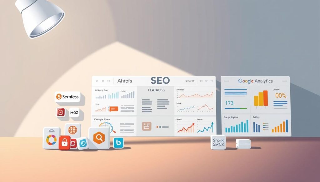 A detailed comparison of popular SEO tools, presented in a clean, minimalist layout. The foreground features neatly-arranged icons and logos of leading SEO software, including Ahrefs, Semrush, Moz, and Google Analytics. The middle ground showcases various metrics and analytical data visualizations, highlighting the key features and capabilities of each tool. The background is a soft, gradient-based design in muted tones, creating a professional, business-focused atmosphere. Dramatic, directional lighting from the top left casts subtle shadows, emphasizing the comparative nature of the scene. The overall mood is one of informed decision-making, guiding the viewer towards the most suitable SEO tools for their specific needs.