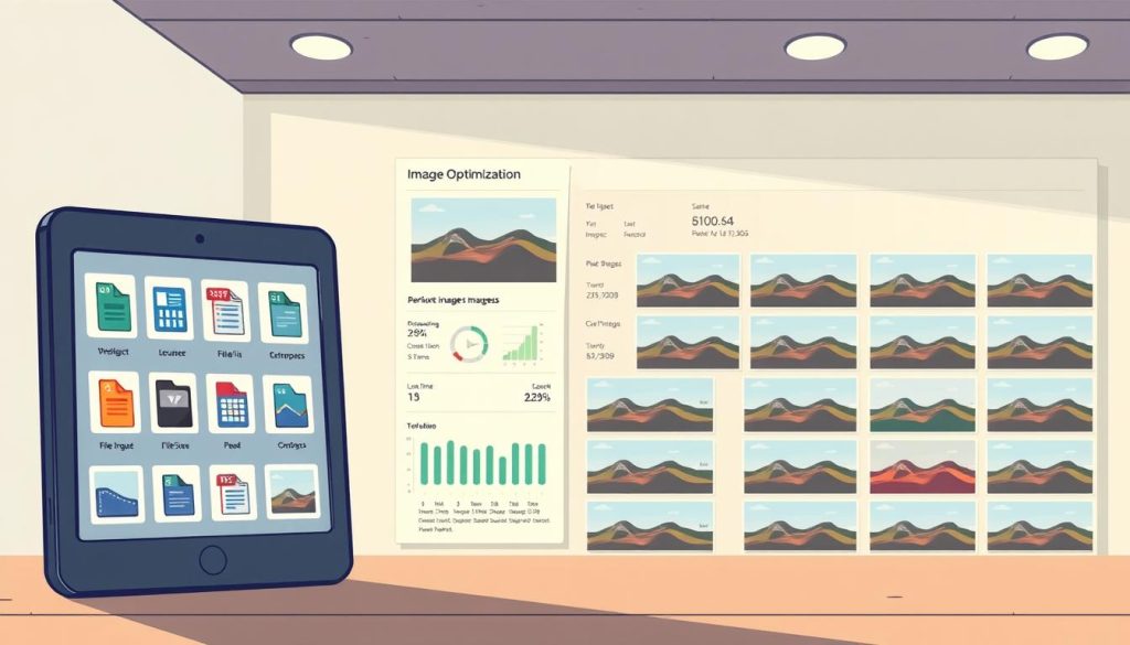 A detailed illustration of image optimization techniques. In the foreground, a digital device screen displays various image file formats, compression methods, and optimization tools. The middle ground showcases a data visualization dashboard with performance metrics, file size, and load time analytics. In the background, a grid of optimized images in different resolutions and color depths is visible, demonstrating the impact of various optimization strategies. The scene is illuminated by a soft, natural light, with a muted color palette conveying a sense of technical efficiency and visual clarity. A detailed illustration of image optimization techniques. In the foreground, a digital device screen displays various image file formats, compression methods, and optimization tools. The middle ground showcases a data visualization dashboard with performance metrics, file size, and load time analytics. In the background, a grid of optimized images in different resolutions and color depths is visible, demonstrating the impact of various optimization strategies. The scene is illuminated by a soft, natural light, with a muted color palette conveying a sense of technical efficiency and visual clarity.