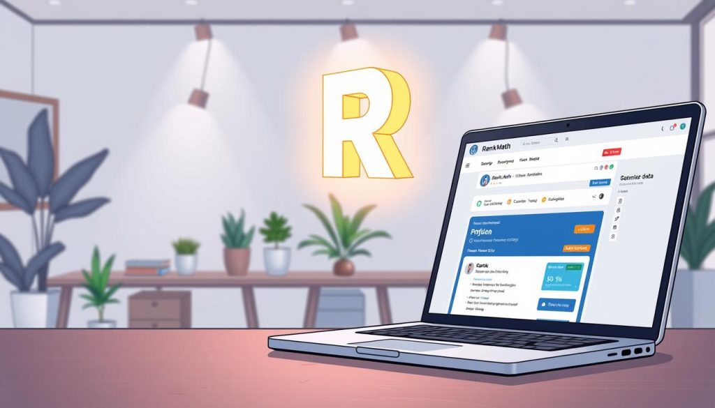 A detailed illustration of the Rank Math Schema Markup interface, showcasing its intuitive dashboard and optimization features. In the foreground, a laptop screen displays the Rank Math plugin seamlessly integrated into a WordPress website, highlighting its structured data and SEO recommendations. The middle ground features a floating 3D model of the Rank Math logo, emitting a soft, warm glow that illuminates the scene. In the background, a minimalist workspace setting with potted plants and elegant office decor creates a professional and productive atmosphere. The overall composition conveys the power and simplicity of Rank Math, a top-tier SEO tool for WordPress optimization.