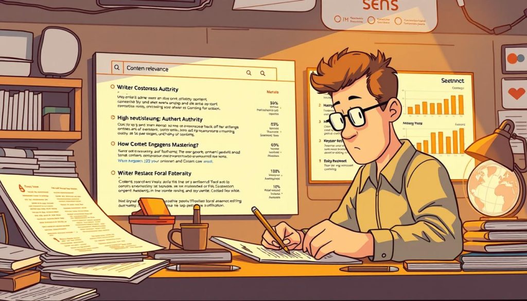 A detailed illustration showcasing content relevance and topical authority. In the foreground, a writer meticulously crafting an article, surrounded by research materials and digital tools. The middle ground features a search engine results page, highlighting high-ranking, authoritative content. In the background, a data visualization dashboard displays metrics such as search volume, keyword difficulty, and content engagement. Warm lighting casts a focused, professional atmosphere, conveying the importance of strategic content creation for improving search engine rankings. The scene is captured through a wide-angle lens, emphasizing the interconnected nature of on-page SEO, content relevance, and topical authority.