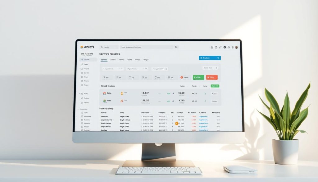 A high-resolution screenshot of the Ahrefs Keyword Explorer interface, captured with a DSLR camera under warm, natural lighting. The interface is displayed on a sleek, modern desktop computer, set against a minimalist, white background. The screen shows a comprehensive keyword research dashboard, with detailed metrics, filters, and visualization tools. The user interface is intuitive and well-organized, showcasing Ahrefs' powerful SEO capabilities. The image conveys a sense of productivity, efficiency, and the tool's ability to provide valuable insights for keyword-driven content strategy.