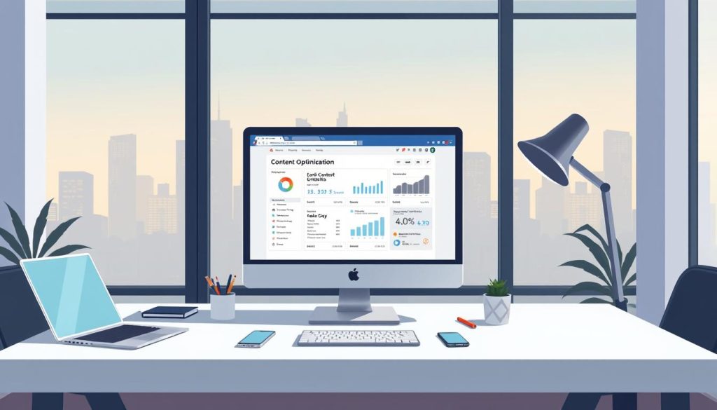 A professional office setting with a minimalist yet modern aesthetic. In the foreground, a desktop computer screen displays a web page with content optimization analytics and recommendations. The middle ground features a stylish office desk with a laptop, smartphone, and a few carefully curated office supplies. The background showcases large windows overlooking a cityscape, with a soft, warm lighting filtering in. The overall scene conveys a sense of productivity, efficiency, and a data-driven approach to content optimization.