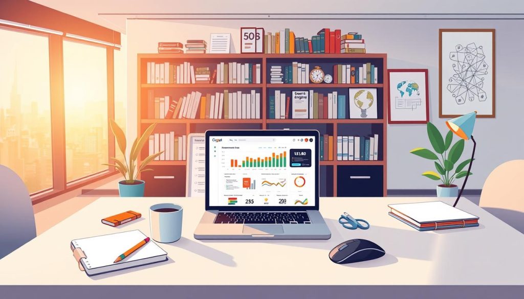 A serene office setting with a laptop displaying an SEO dashboard, surrounded by various productivity tools and resources. Warm, natural lighting filters through large windows, casting a soft glow on the scene. In the foreground, a clean, minimalist desk hosts a cup of coffee, a notebook, and a mouse - all the essentials for an efficient SEO campaign setup. The middle ground features bookshelves filled with marketing and digital strategy books, along with framed illustrations of search engine optimization concepts. The background showcases a cityscape visible through the windows, hinting at the global reach of the SEO efforts. An atmosphere of focus, organization, and anticipation of success permeates the image.