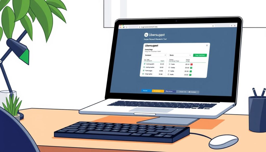 A sleek, modern desktop setup with a laptop, mouse, and keyboard, showcasing the Ubersuggest keyword research tool interface on the laptop screen. The image is well-lit, with a soft, natural light source illuminating the scene. The background is a minimalist, clutter-free workspace, allowing the Ubersuggest tool to be the focal point. The laptop screen displays the Ubersuggest dashboard, highlighting its key features and functionality, while the overall composition conveys a sense of efficiency and professionalism, suitable for a beginner's guide to SEO tools.