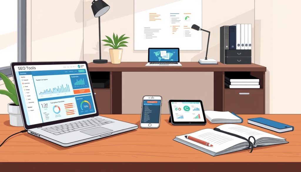 A sleek, modern office workspace showcasing various SEO tools. In the foreground, a laptop displays a suite of analytics dashboards and optimization interfaces. In the middle ground, a smartphone, tablet, and notebook are arranged, highlighting the cross-device capabilities of the free SEO tools. The background features a minimalist desk setup with a plant, desk lamp, and other office accessories, conveying a sense of productivity and professionalism. The lighting is soft and natural, creating a warm, inviting atmosphere. The overall scene aims to demonstrate the accessibility and versatility of free SEO tools for digital marketing beginners.