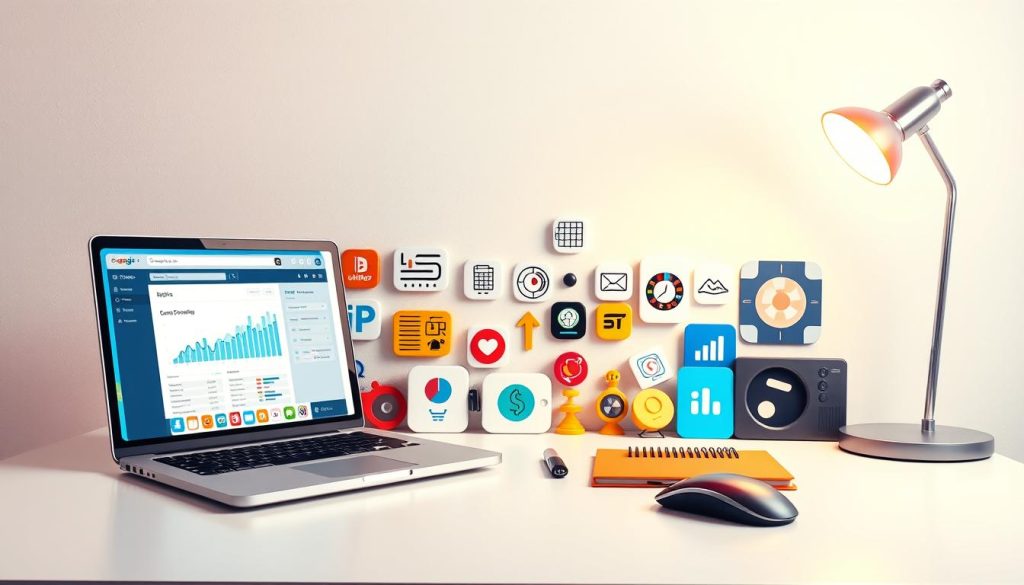 A vibrant, high-contrast composition showcasing a diverse array of essential SEO tools arranged on a sleek, minimalist workspace. In the foreground, a stylized laptop displays a search engine optimization dashboard, its screen emanating a soft, digital glow. Surrounding it, an assortment of iconic SEO-focused apps, analytics platforms, and content optimization utilities are neatly organized, their intuitive interfaces and colorful icons suggesting their powerful capabilities. The middle ground features a selection of productivity accessories, such as a high-end mouse, a precision stylus, and a modern desk lamp, bathed in a warm, focused light that illuminates the scene. In the background, a clean, white-washed wall provides a crisp, uncluttered backdrop, allowing the SEO tools to take center stage and convey a sense of professionalism and efficiency.