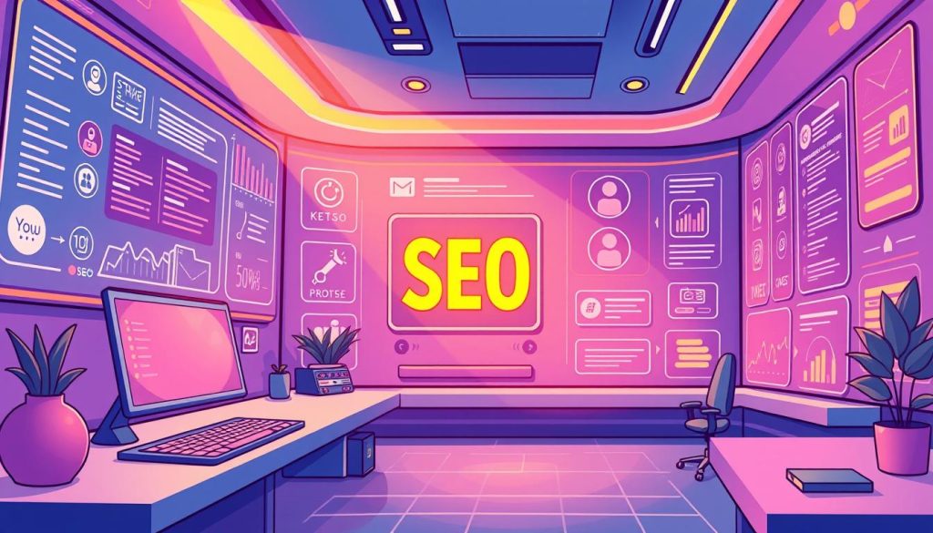 A vibrant, user-centric digital interface showcasing seamless interactions and intuitive design. Visually striking icons, menus, and navigation elements arranged in a clean, modern layout. Warm, directional lighting highlights the dynamic flow of information, guiding the user's eye through an engaging and responsive experience. The overall aesthetic conveys a sense of efficiency, accessibility, and delight, with subtle depth and layering adding a sense of depth and sophistication. A visually compelling representation of on-page SEO services focused on enhancing the user's digital journey.