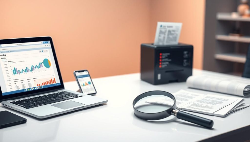 A visually striking on-page SEO toolkit laid out on a sleek, minimalist desk. In the foreground, an array of SEO-focused tools and applications, including a laptop displaying analytics dashboards, a mobile device showcasing a keyword research app, and a compact printer outputting reports. The middle ground features a strategically placed magnifying glass, symbolizing the attention to detail required for effective on-page optimization. The background is softly blurred, conveying a sense of focus and concentration, with a warm, indirect lighting subtly illuminating the scene. The overall composition and styling evoke a professional, organized, and methodical approach to on-page SEO.