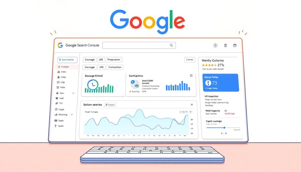 A well-lit, high-fidelity digital illustration of the Google Search Console interface. The foreground features the main dashboard with clear visualizations of website performance data, search metrics, and optimization suggestions. The middle ground showcases the navigation menu with categories such as &quot;Index,&quot; &quot;Coverage,&quot; &quot;URL Inspection,&quot; and &quot;Security & Manual Actions.&quot; The background subtly depicts the Google logo and branding, creating a cohesive and professional aesthetic. The overall scene conveys a sense of clarity, actionable insights, and Google's authoritative stance in the SEO landscape, presented in a sleek, modern style suitable for a tutorial on top SEO tools.