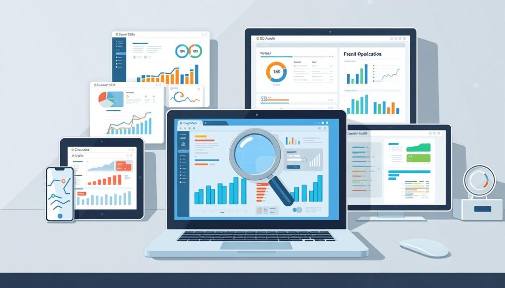 Detailed technical SEO audit tools arranged in a sleek, organized workspace. In the foreground, a laptop displays performance metrics and analytics dashboards. Surrounding it, an array of devices including a smartphone, tablet, and desktop computer, each showcasing different SEO optimization tools and reports. The middle ground features a stylized magnifying glass icon, symbolizing the comprehensive analysis. In the background, a minimalist geometric pattern creates a professional, high-tech ambiance, complemented by muted tones of gray, blue, and silver. Crisp lighting and sharp angles convey a sense of precision and efficiency, reflecting the meticulous nature of technical SEO auditing. Detailed technical SEO audit tools arranged in a sleek, organized workspace. In the foreground, a laptop displays performance metrics and analytics dashboards. Surrounding it, an array of devices including a smartphone, tablet, and desktop computer, each showcasing different SEO optimization tools and reports. The middle ground features a stylized magnifying glass icon, symbolizing the comprehensive analysis. In the background, a minimalist geometric pattern creates a professional, high-tech ambiance, complemented by muted tones of gray, blue, and silver. Crisp lighting and sharp angles convey a sense of precision and efficiency, reflecting the meticulous nature of technical SEO auditing.